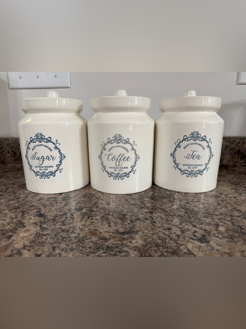 Set of 3 Canisters - White Ceramic with Blue Print